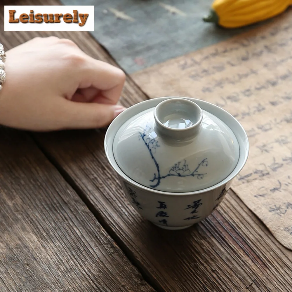 150ml Hand-painted Calligraphy Gaiwan Zen Grass Wood Gray Plum Tea Lid Set Tea Tureen Tea Maker Cover Bowl Tea Items Ornaments