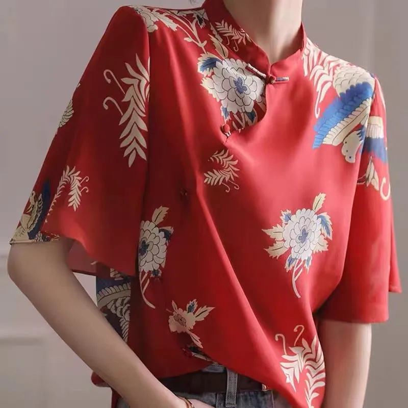 Summer Loose Retro Top Buckle Stand Collar Chinese Cheongsam Style Shirt For Women Casual Hanfu Blouses Party Vintage T-shirt