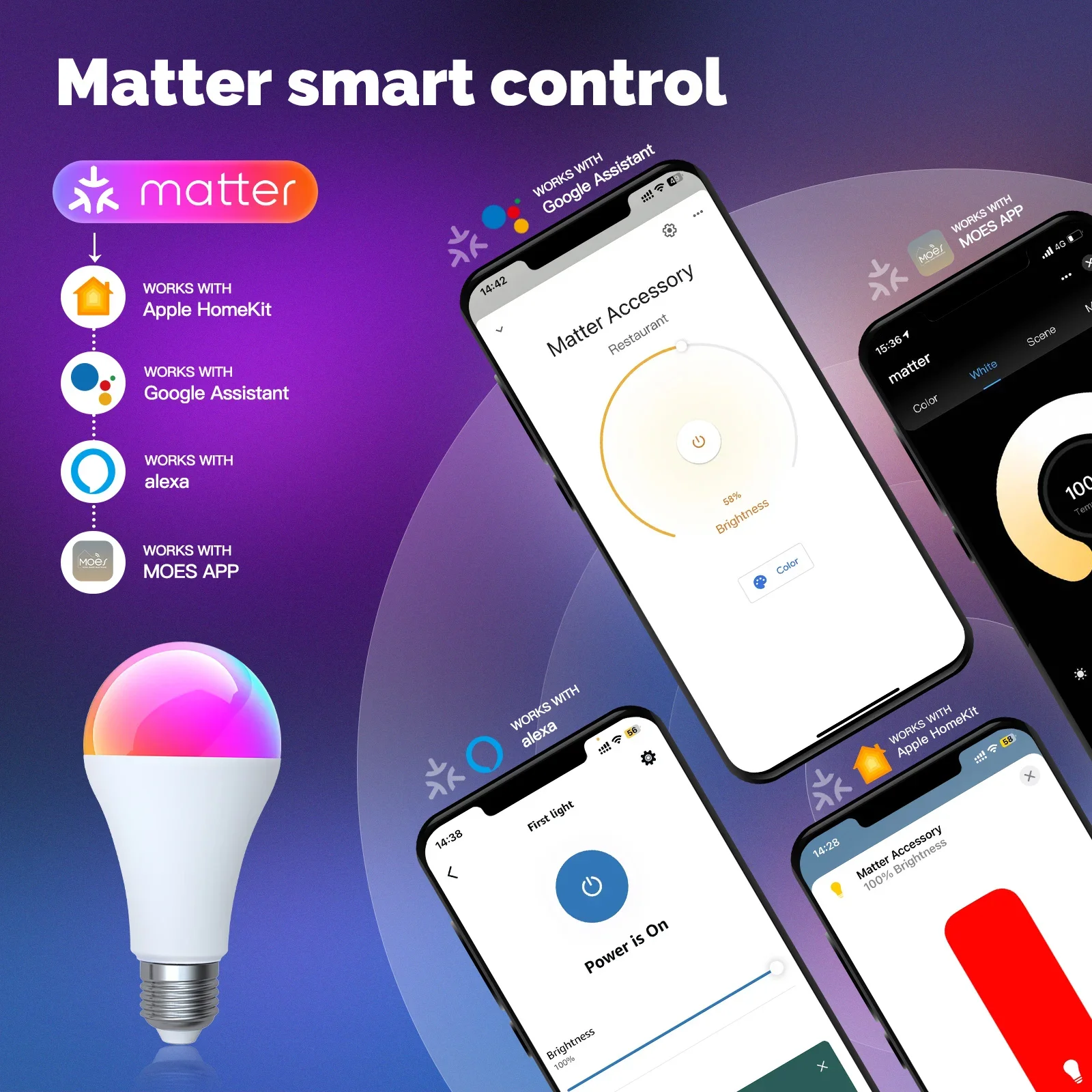MOES 투야 매터 WIFI 스마트 LED 전구 디밍 가능 14W RGB C+W E27 색상 변경 2700K-6500K 스마트 앱 제어 (알렉사, 구글 지원)