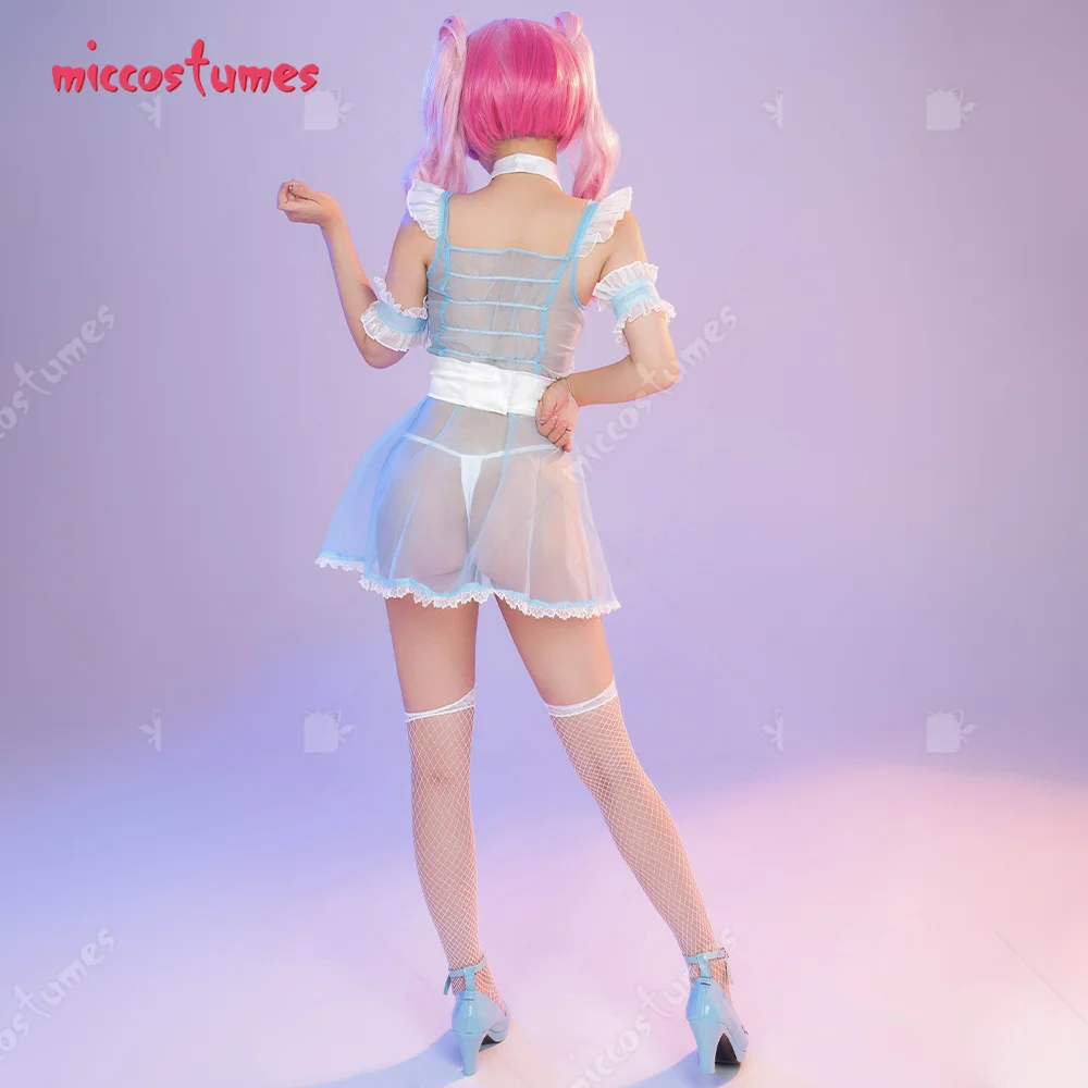 Women Sexy Lingerie Maid Dress Costumes Claw Crane Pattern Ruffle Translucent Kawaii Dress with Bow Stockings and Apron