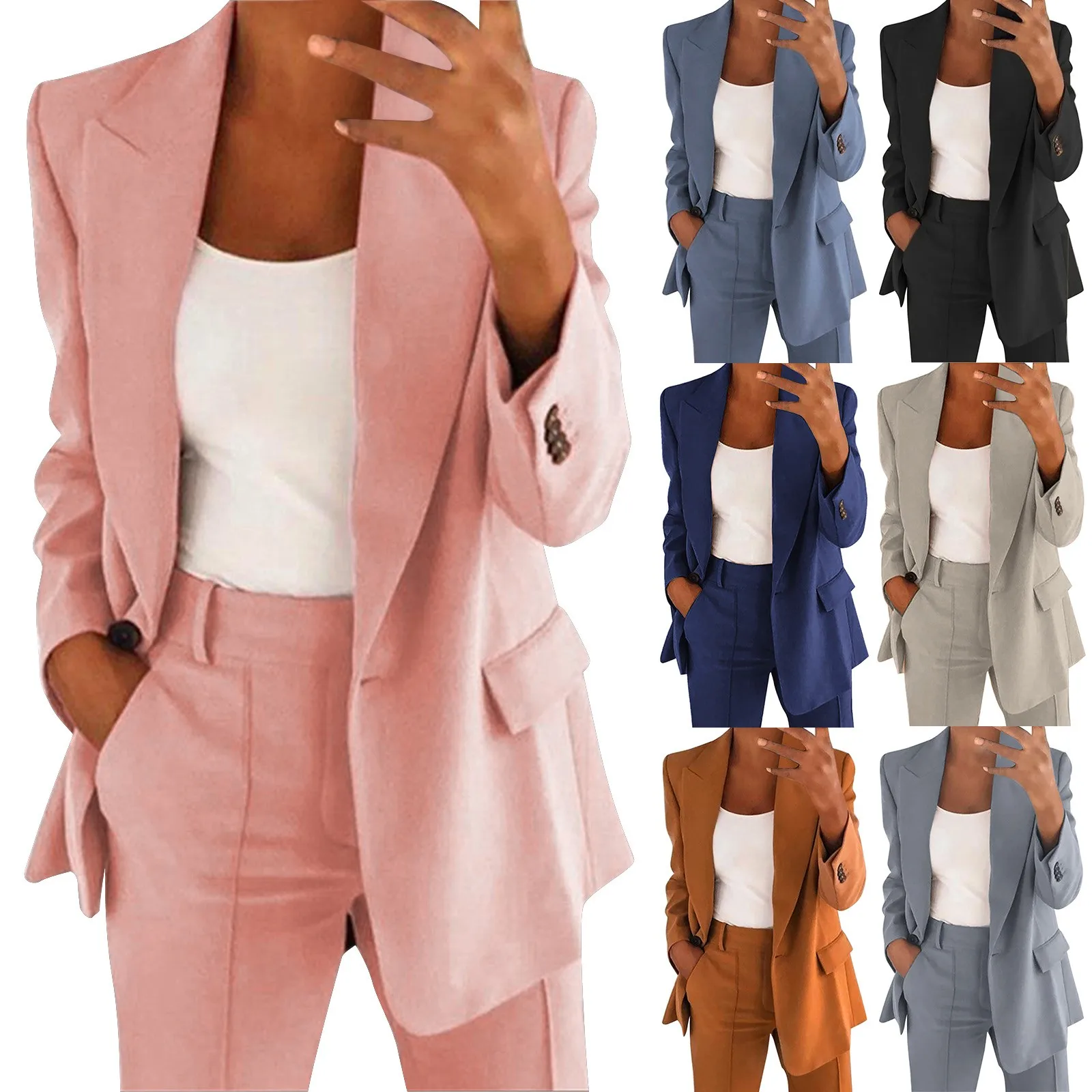 Women's Two Piece Lapels Suit Set Office Business Long Sleeve Button Formal Jacket + Pant Suit Slim Womens Suite Set