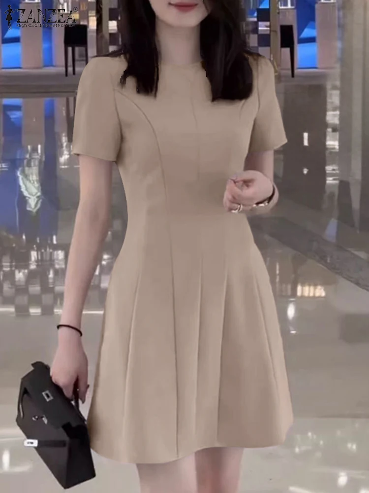 

ZANZEA Casual Cinched Waist Party Dress Clubbing Solid Color 2024 Fashion Pleated Knee-length Robe Elegant Women A-line Vestidos