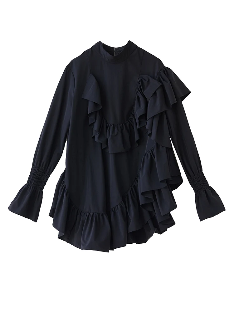 Women Ruffles Irregular Oversized Blouse New Stand Collar Long Sleeve Loose Casual Shirt Top Fashion Clothing Spring Autumn 2025