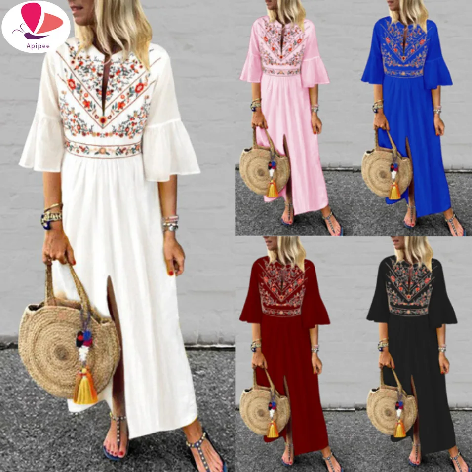 

Women Dress Summer 2023 Vestidos De Verano Mujeres 2023 Playa Short Flare Sleeve Printed Split Hem Maxi Dress #G