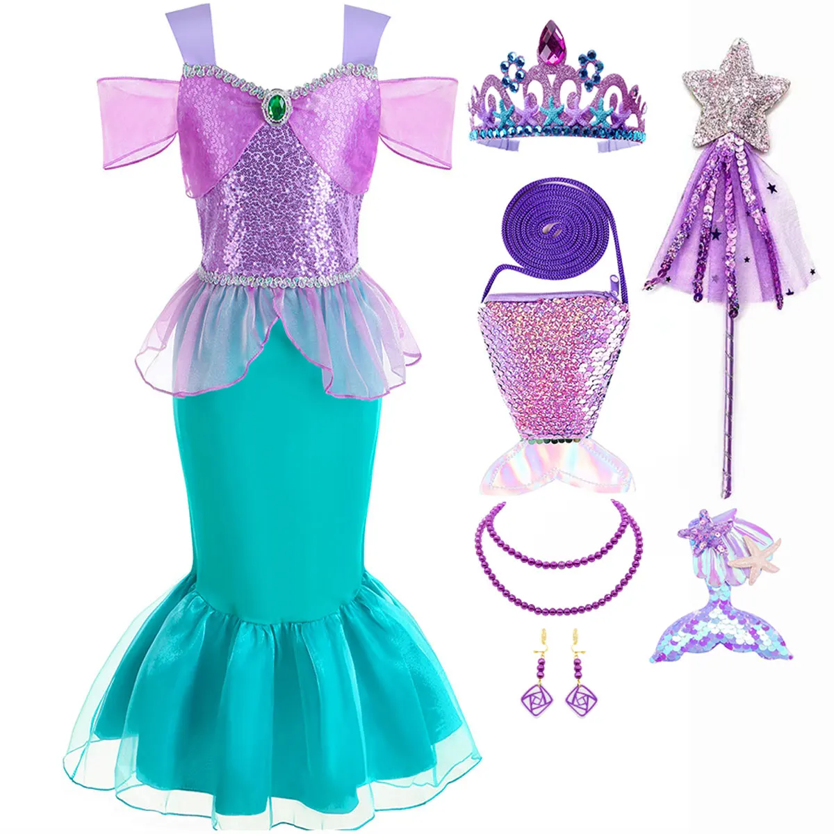 Disney Little Mermaid Blue Lace Spilla Sling Dress For Girls Carnival Birthday Party Clothes Cosplay Ariel Princess Dress