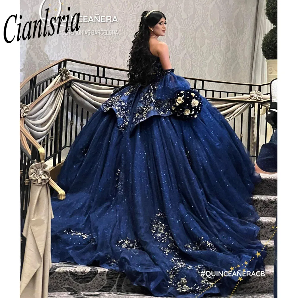 

Navy Blue Strapless Ruffles Ball Gown Quinceanera Dress Gold Appliques Lace Corset Sweet 15 Vestidos De XV Años