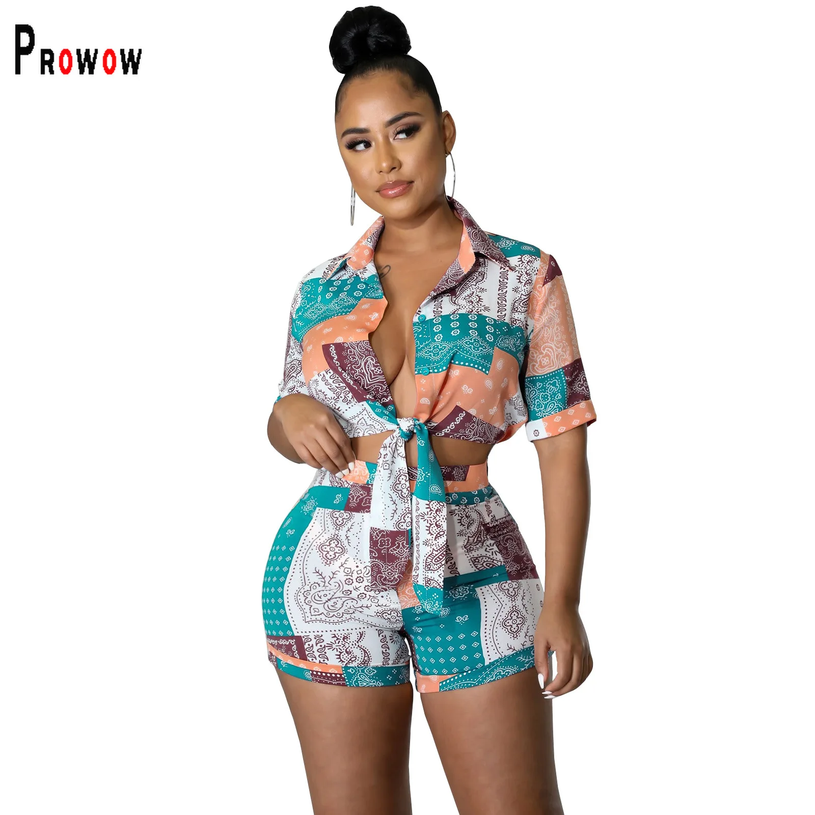 Prowow Women Clothing Set Cropped Shirts Shorts Two Piece Female Streetwear Aesthetic Exotic Lady Summer Suits 2023 New Outfits luckymarche cropped combination t shirts qwtax23131ivx