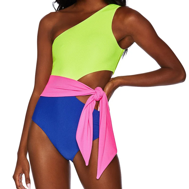 

One Piece Swimsuit Women New One-piece Multi-color Patchwork Waistband Butterfly Buckle Single-shoulder Bikini Geometric m