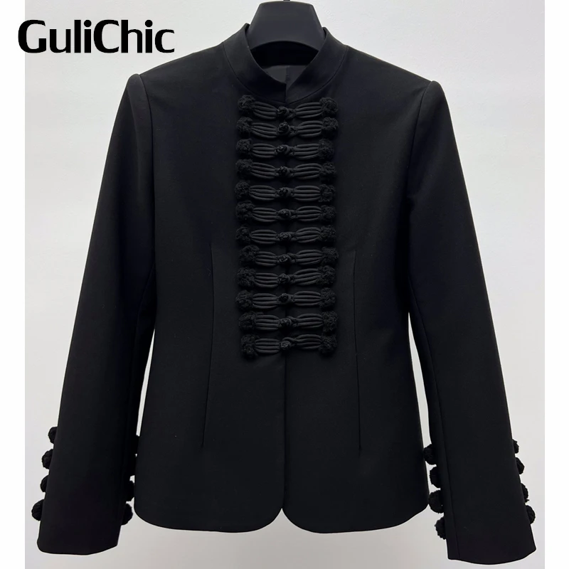 

7.2 GuliChic Women Temperament Black Stand Collar Long Sleeve Coil Buckle Collect Waist Slim Wool Jacket