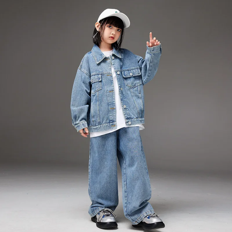 Gyerekek Farmervászon kabát nadrágot Menő Komló Angol kosztüm számára lányok fiúknak kpop Szerelvény Dzsessz Előadás ruhák Fiatalos Tánchelyiség Menő Komló Tánc Viselet