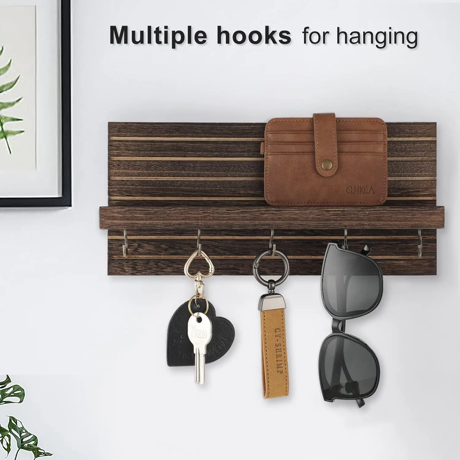Decorative Key Holder for Wall with Shelf Entryway Wooden Floating Shelf with Hooks Home Decor Key Rack Mail Organizer for Wall 2