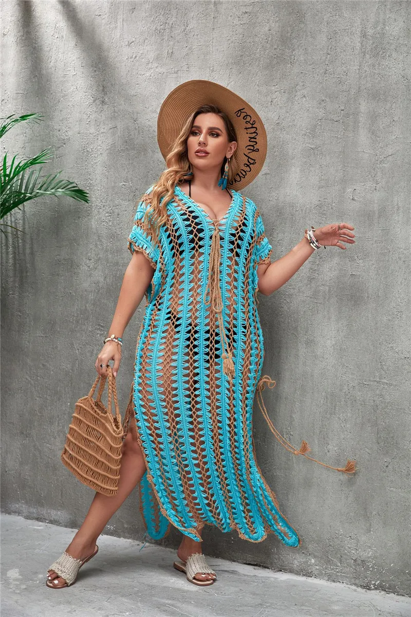 

Plus Size Swimsuit Sexy Sheer Knit Tunic Beach Cover Up Crochet Bikini Cover-up High Split Long Dress Female Women Robe