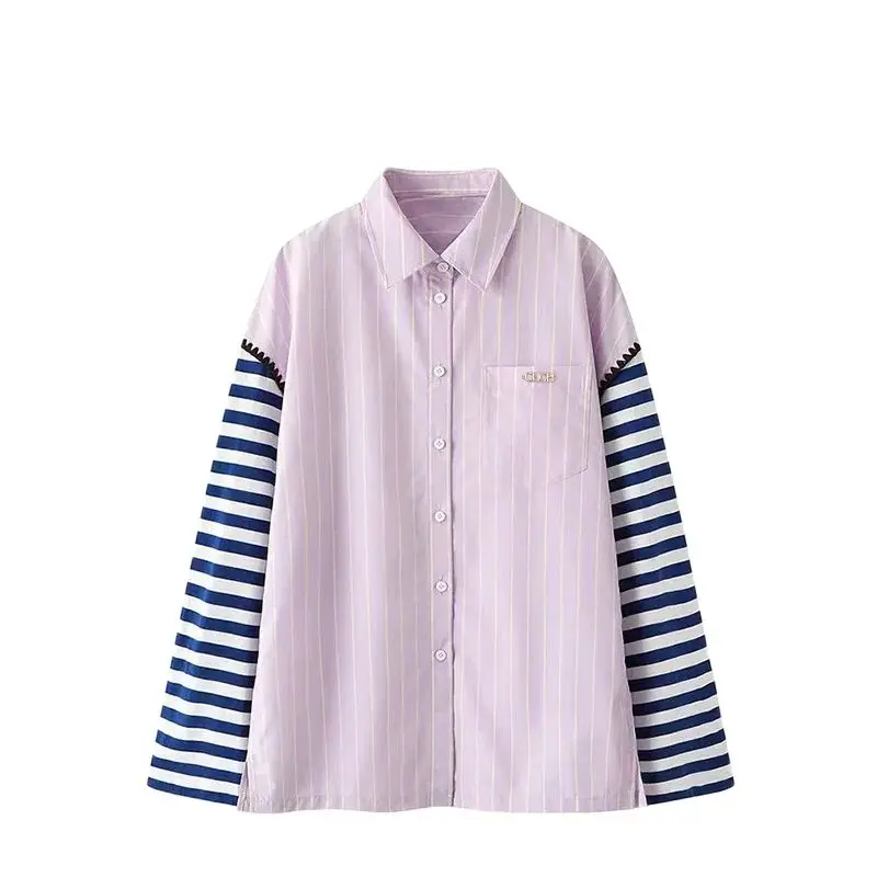 

Fashion Women Shirts 2023 New Autumn Designer's Loose Fake Two Pieces Stripe Casual Splice Knitted Long Sleeve Ladies Shirt