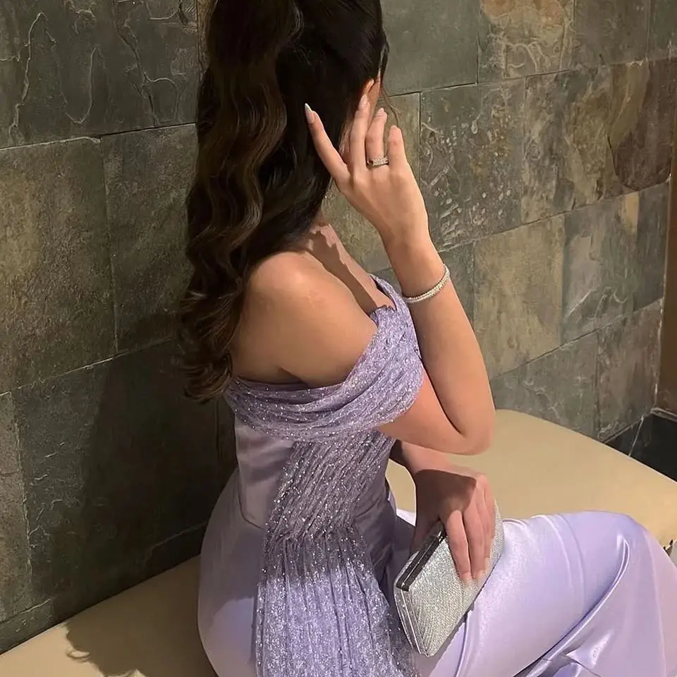 Arabic Women Evening Dresses Off the Shoulder Glitter Ankle Length Prom Gowns Formal Party Dress