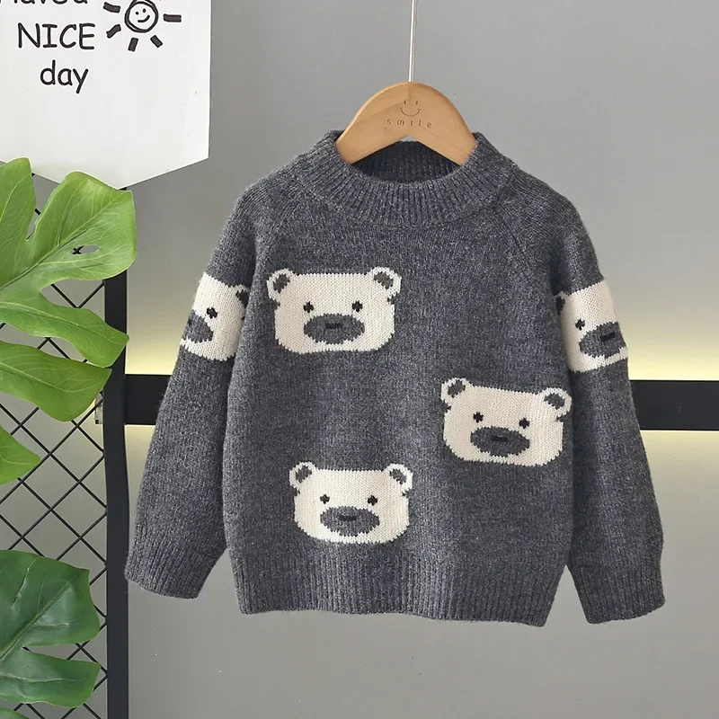 소년용 곰 패턴 스웨터 한국 스타일 두꺼운 2025 겨울 플리스 안감 니트 풀오버 따뜻한 아동복 2-8세용