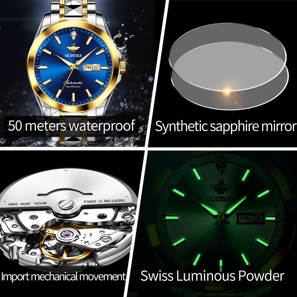 OUPINKE Original Real Diamond Mens Wristwatch Automatic Mechanical Watch Luxury Swiss Movement Luminous Dress Calendar