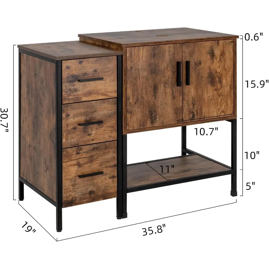 36"Antique Bathroom Vanity Dark Brown Bathroom Vanity Set with Sink and 3 Drawers Side Cabinet Combo Iron Wood Bathroom Cabinet 2