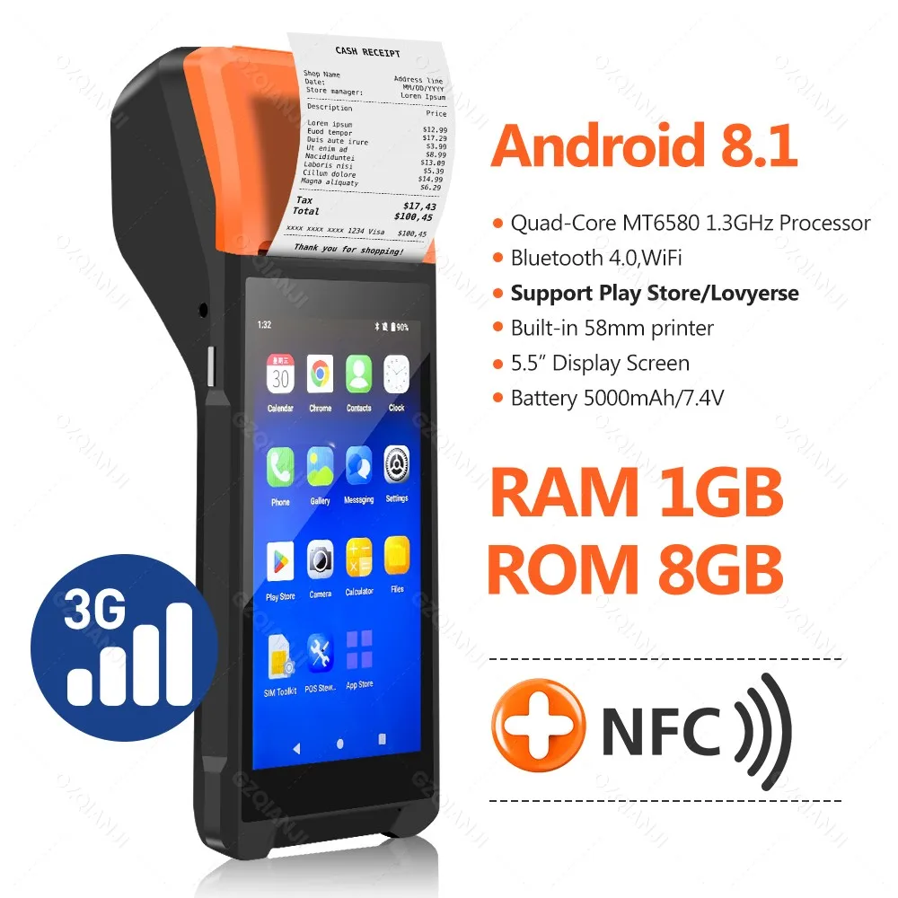 Terminal POS portátil Android 13/8.1 3G 4G con impresora térmica de 58 mm, escáner 1D 2D, lector NFC, RAM 3 GB, ROM 32 GB, dispositivo móvil