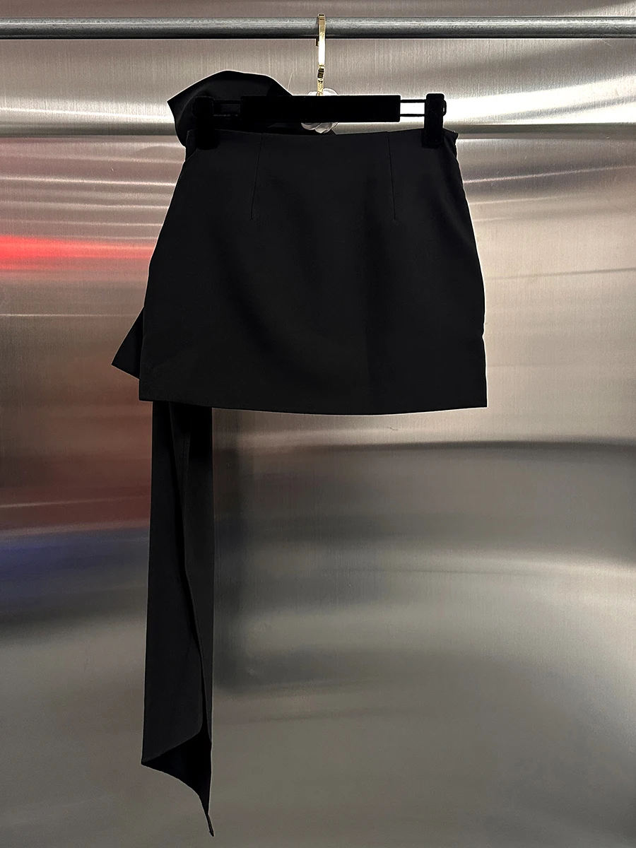 CHICEVER Solid Sexy Spliced Bowknot Mini Skirt For Women High Waist Pathwork Asymmetrical Hem Bodycon Skirts Female Clothing New