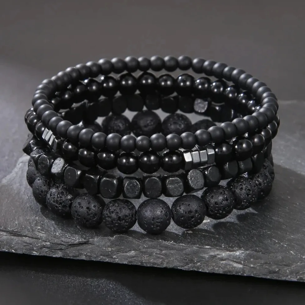 

4Pcs/Set Black Gall Stone Volcanic Stone Wood Beads Multi-layer Men's Combination Elastic Bracelet For Couple Friends Jewelry