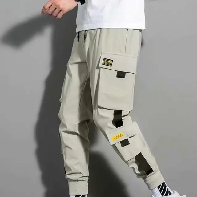 Hot！2022 New Summer Men Cargo Pants Side Pockets Stretchy Waist Drawstring Strap Decor Ankle-banded Jogger Pants Daily Clothes