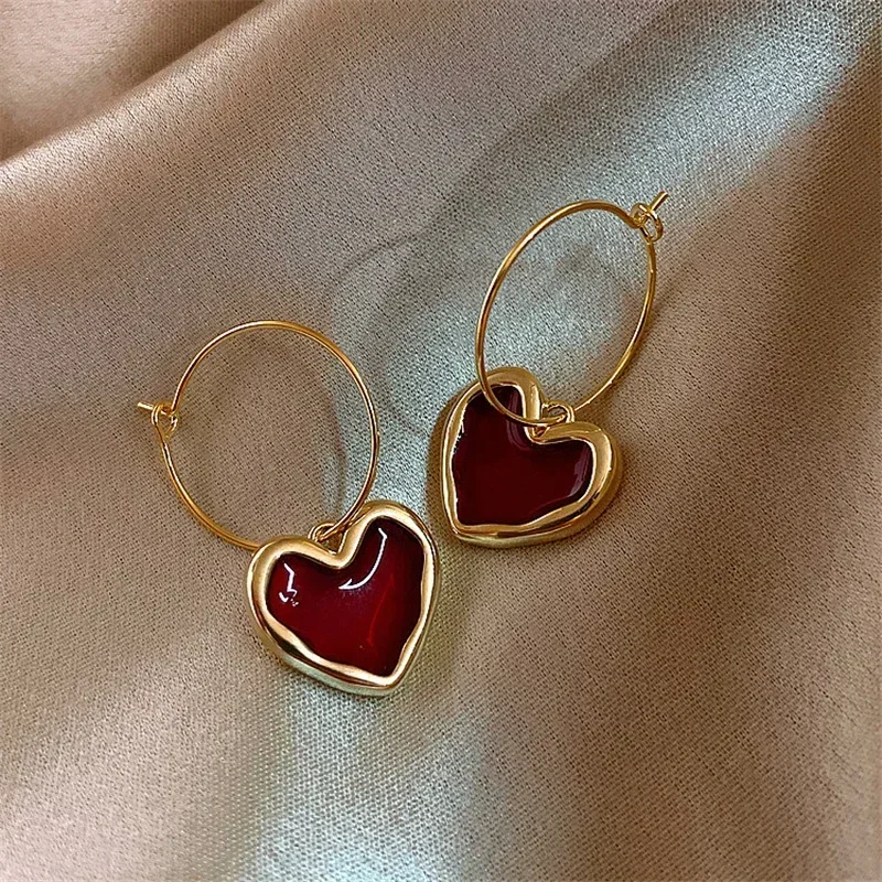 Wine Red Heart-shaped Earrings for Women Simple Temperament Versatile Personality Earrings Niche Jewelry Accessories Earrings