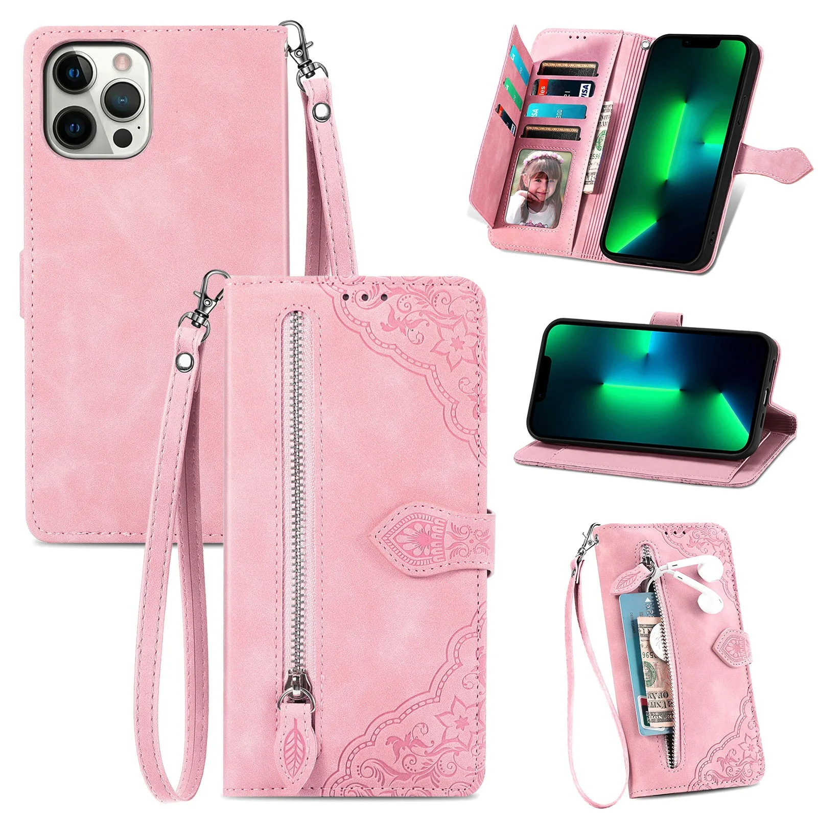 Lace Floral Leather Phone Case with Luxury Lanyard, Card Slots, and Wrist Strap Wallet Flip Cover