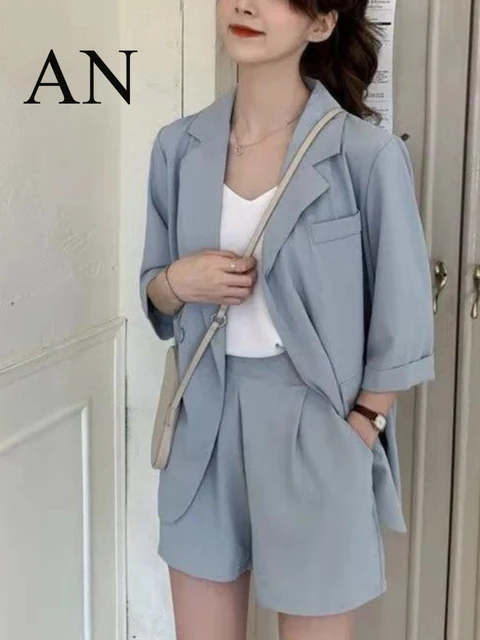 Women's Summer Elegant Blazer Suit With Shorts Fashion Korean Casual Jacket+Short  Pants 2 Piece Set Female Clothes Outfits - AliExpress