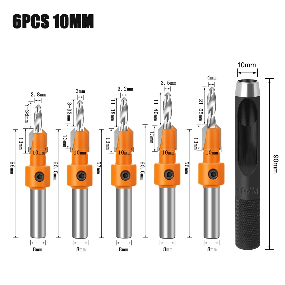8mm 10mm 샹크 HSS 목공 카운터싱크 라우터 비트 펀칭 드릴 세트 나사 제거기 목재 밀링용 해체 도구