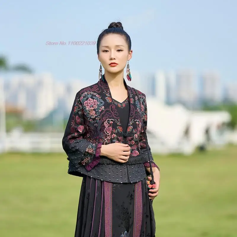 chinese vintage hanfu coat national flower embroidery v-neck ethnic cardigan improved hanfu tops oriental retro tang suit