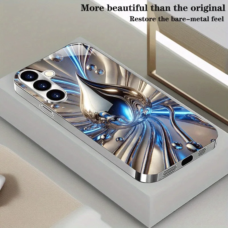 Blue Silver Electroplated Fluid Drop Pattern Glass Phone Case