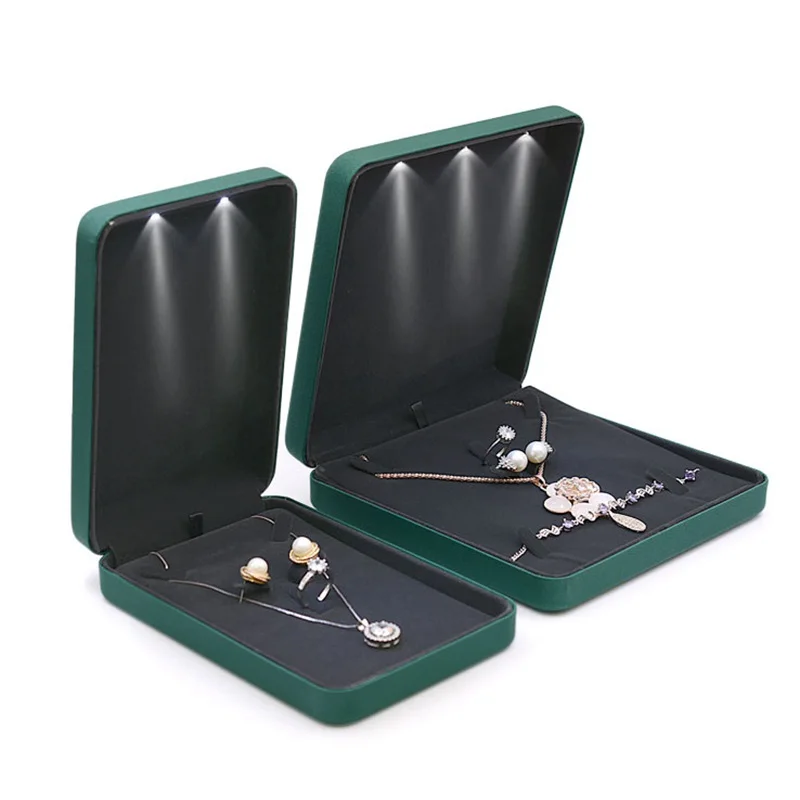 

2022 New PU Leather Necklace Display Case with LED Lighted Earring Ring Gift Display Box Wedding Jewelry Organizer Free Shipping