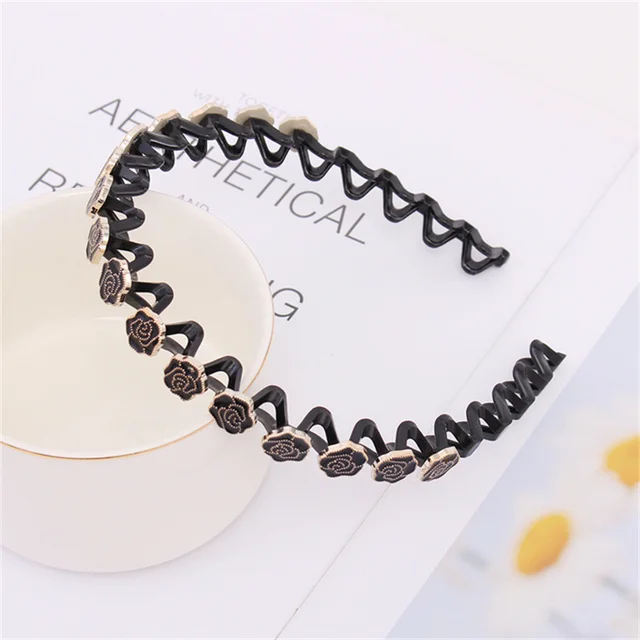 Fashion Pearl Non-Slip Rhinestone Hairbands Elastic Flower Women Hair Hoop Bands Headband Bezel Girls Hair Accessories Headdress black Rose
