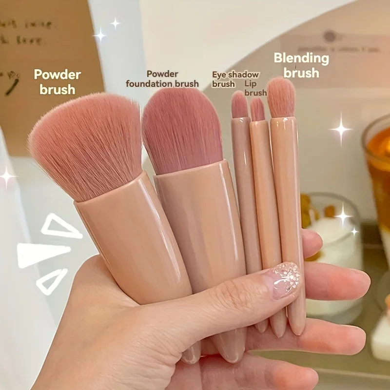 Mini Makeup Brush Set Travel Makeup Brush Set，5Pcs Portable Makeup Brush Set With Mirror -  Foldable Travel Kit 2