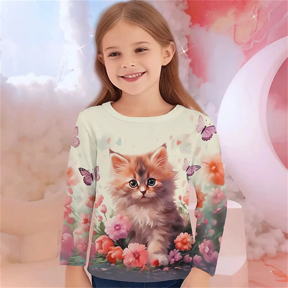 Children S T Shirt Cat Pattern Long Sleeved Kids Cute Clothing For Girls 2023 Autumn Tees Shirts Teen 9 Years 3d Animals Tops