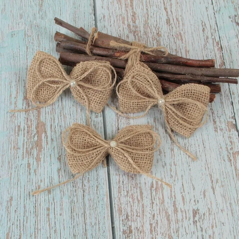 Jute Burlap Hessian Bow with Artificial Bead 10pcs/lot Vintage Wedding Decoration Handmade Craft DIY Christmas Decoration