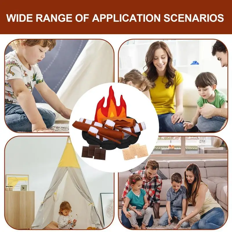 Play Campfire Sets For Kids 15pcs Pretend Play Camping Toy Kids Plush Felt Play Campfire Playset Safe Fake Fire Wood Stones Toys 6