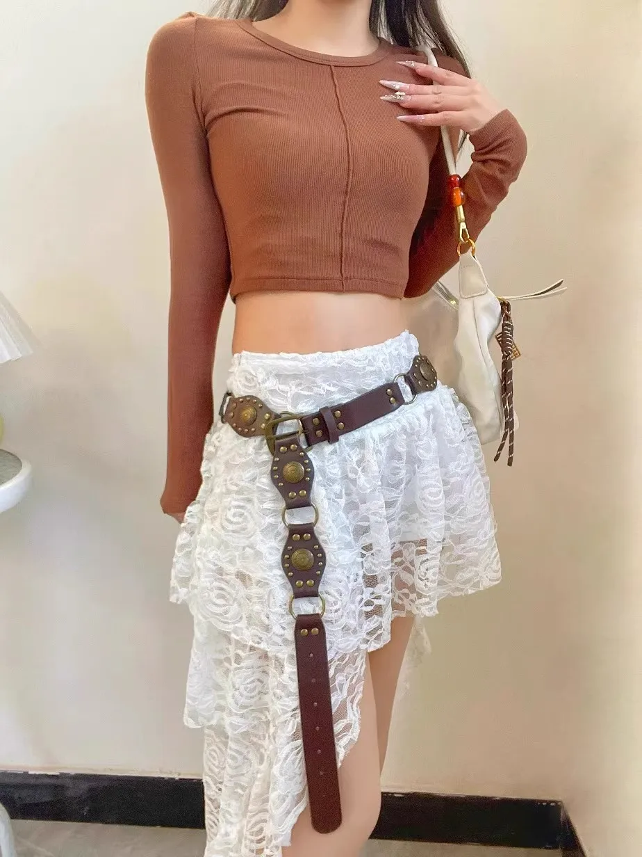 1 Stück Western-Cowboy-Nieten-Patchwork-Ledergürtel, Retro-Design, modischer Gürtel mit quadratischer Schnalle für Damen, geeignet für den täglichen Gebrauch. – Detail 1
