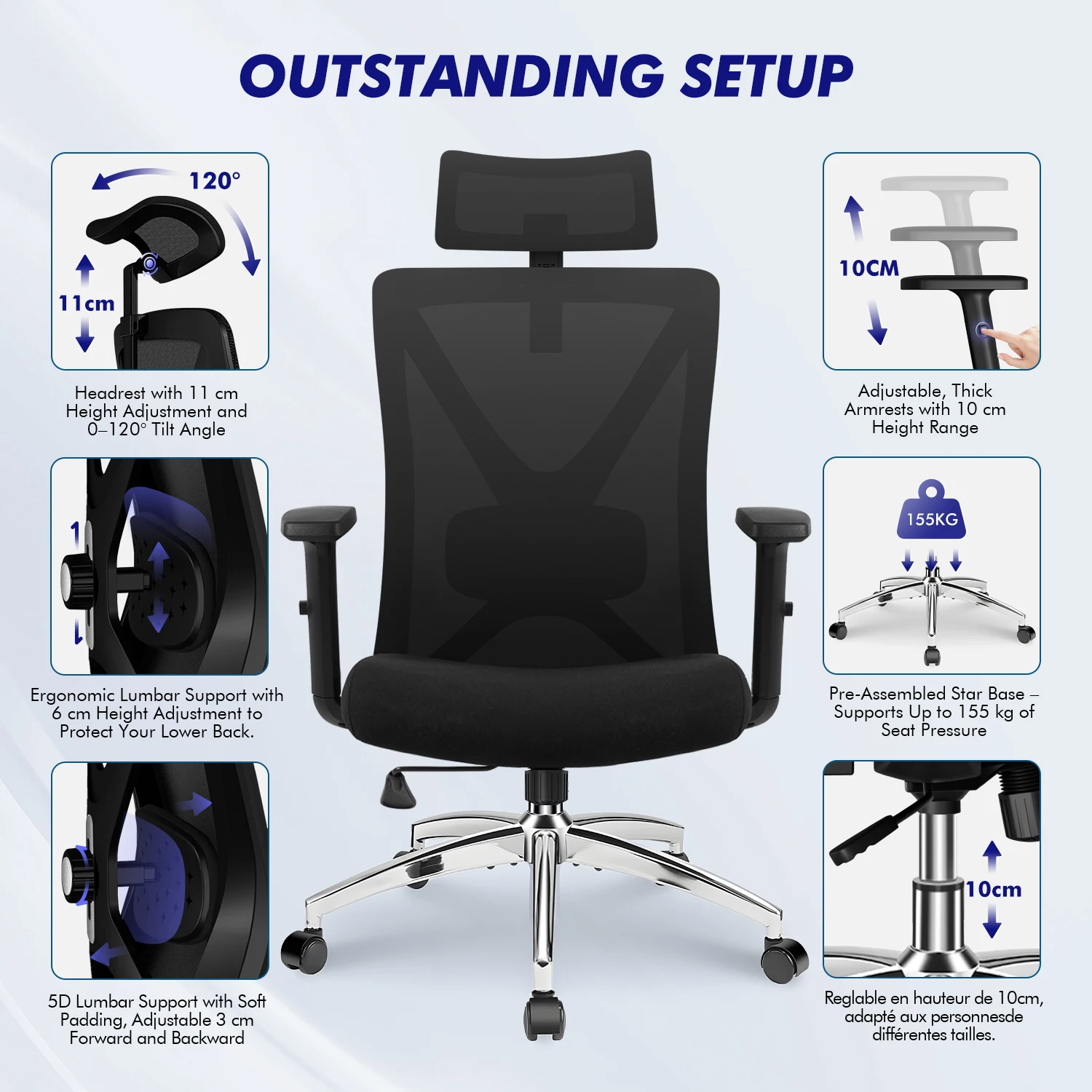 HOMCOM Sedia Ufficio Ergonomica Reclinabile 155° con Poggiapiedi, Sedia