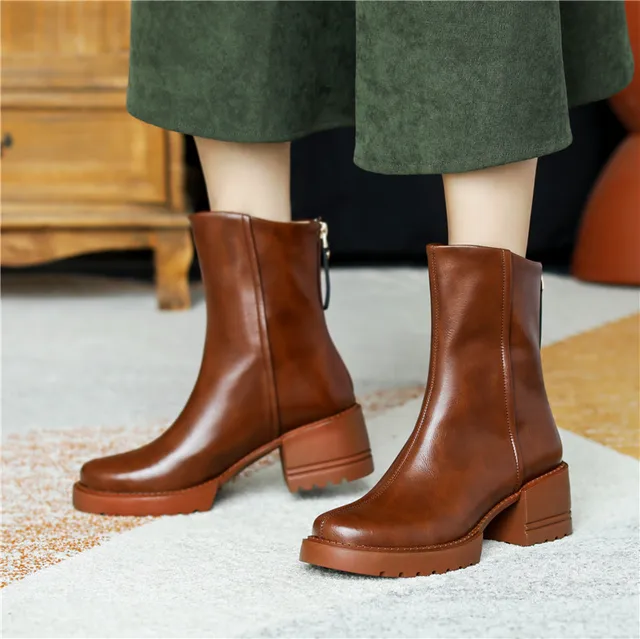FEDONAS New Arrival Women Ankle Boots Autumn Winter Concise Genuine Leather Thick Heels Back Zipper Shoes Woman Working Casual 4