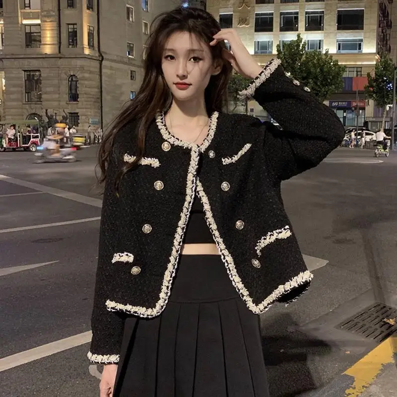 

Korean Fashion Black Tweed Jacket Women Elegant Round Neck Cropped Coat Spring Autumn Double Breasted Long Sleeve Outwear S-L