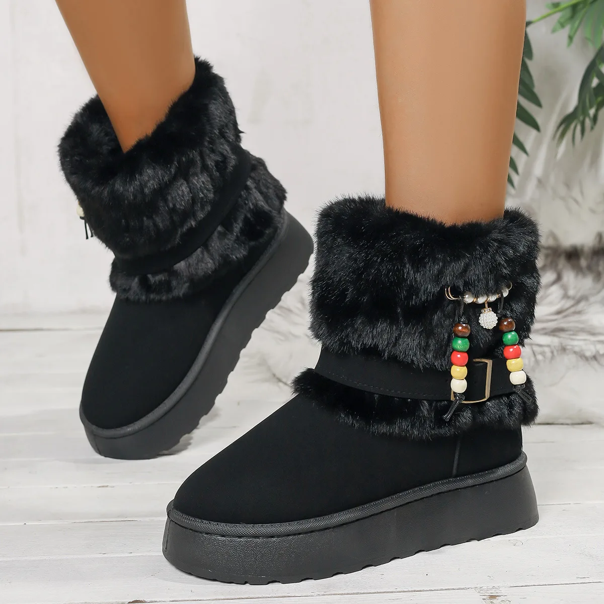 2025 Winter Fashion Faux Fur Non Slip Snow Boots Women Colorful Bead Decoration Thick Bottom Boots Short Plush Ankle Booties