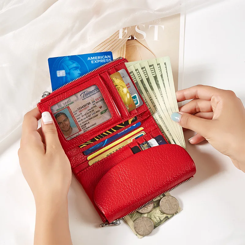 Women's RFID-Blocking Top-Grain Cowhide Wallet - Fashionable, Collapsible, and Spacious
