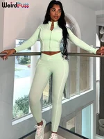 Weird Puss Casual 2 Piece Set Tracksuit Elastic Patchwork Stripe Tight Zip Crop Jacket+Leggings Matching Streetwear Sporty Suits - Image 4