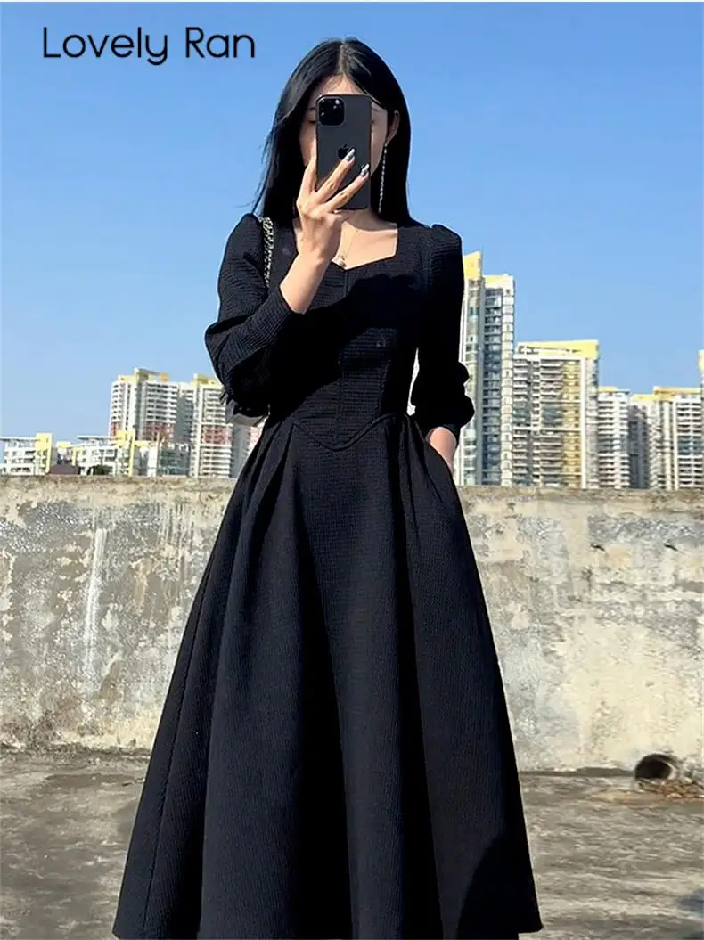 Black Maxi Dresses For Women Elegant French Square Neck Long Dress Korean Fashion Autumn 2023 Party Casual Vintage Vestidos