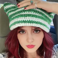 Corchet Cute Cat Ears Beanie Hat for Women Winter Striped Korean Fashion Y2K HipHop Cosplay Knitted Streetwear Men Skullies 6