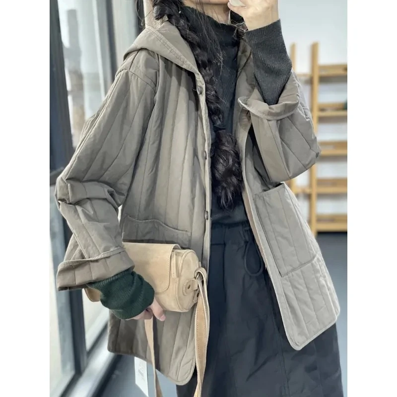 High-end Cotton Jacket With Thickened Hooded Cotton Jacket For Women's 2023 Loose Casual Outerwear Medium Length Cotton Jacket