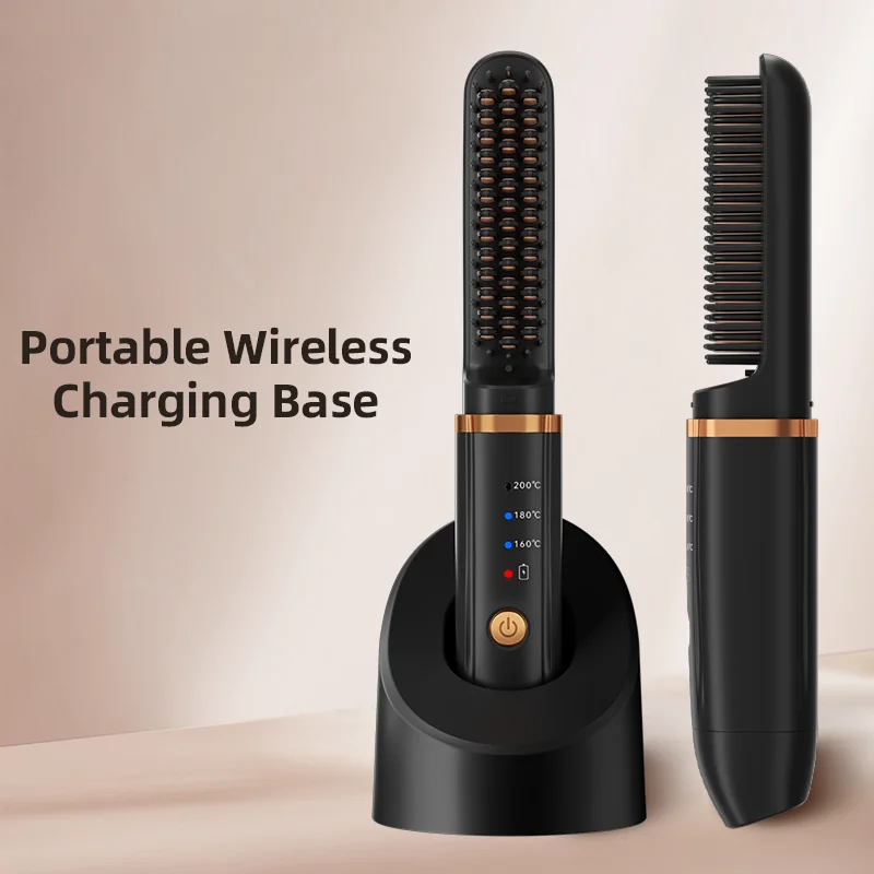 Multifunctional Cordless Hair Straightener Brush Fast Heated Straightener Brush Negative Ions Electric Hot Comb Hair (Black)