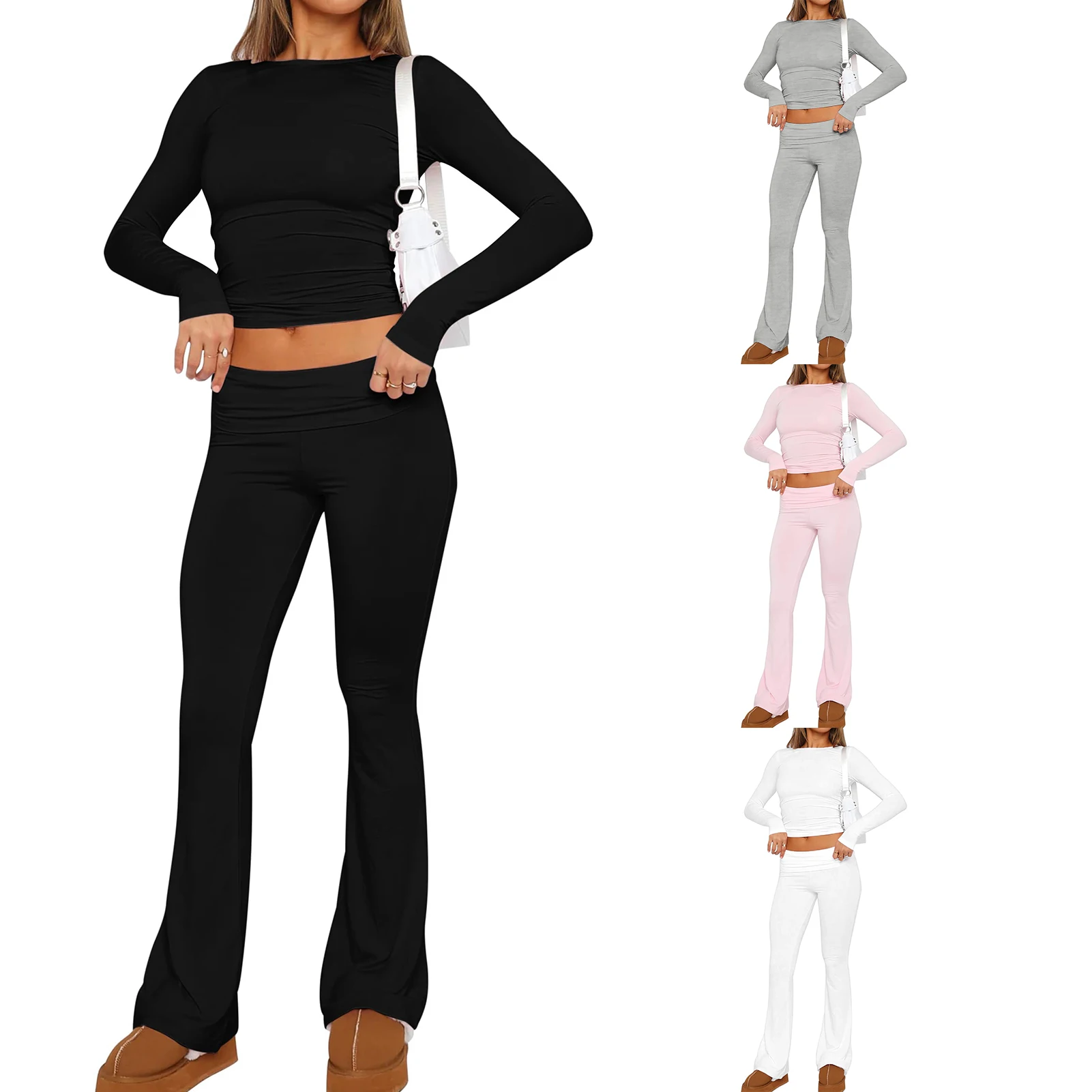 Tuta Donna 2 Pezzi Casual - Crop Top E Pantaloni Svasati Per Yoga O Lounge - Foto 4