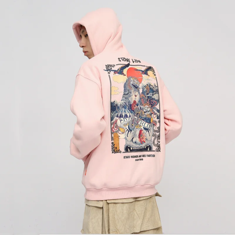 

Chinese Style Vintage Personality Kylin Printed Loose Hoodies For Men Y2K High Street New Fashion Thicken Hooded Tops 후드티